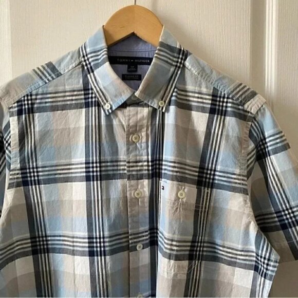 Tommy Hilfiger Mens Shirt Short Sleeve Button Down Cotton Blue Beige Plaid Small - Picture 5 of 15